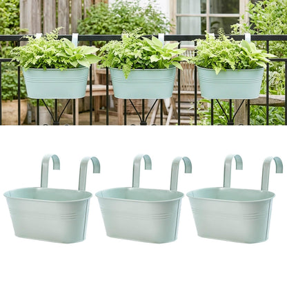 vensovo Metal Railing Planter for Outdoor Plants - 3 Pack Balcony Hanging Planter Box with Detachable Hooks and Drain Holes Oval Hanging Pots Fence Planters for Railing Garden Fence, Green