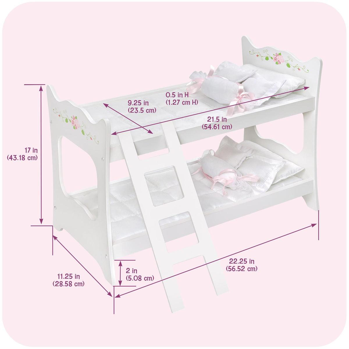 Badger Basket Doll Bunk Bed with Ladder and Bedding – Stylish White & Rose Design for 18 to 20-Inch Dolls with Pillows and Blankets