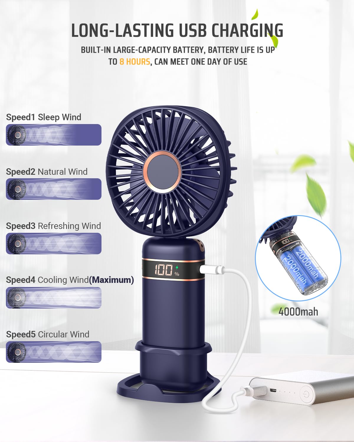 FAPPEN Mini Handheld Fan, Portable USB Hand Held Fan, Rechargeable 5 Speeds Folding Hand Fans with Base and Lanyard for Home Office Bedroom Outdoor Travel(Deep Blue)
