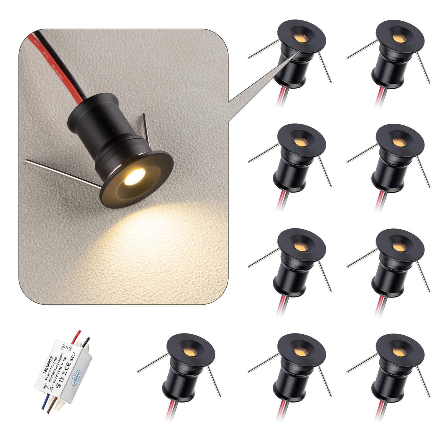 HHTUN 902 120°LED mini Spotlight,DC12V 1W,80Ra,75lm,Small Size,Embedded Installation,Suitable for Cabinet Lighting Such as Wine cabinets,Shoe cabinets,etc.,with Power Supply(3000K,Black,9Pack)