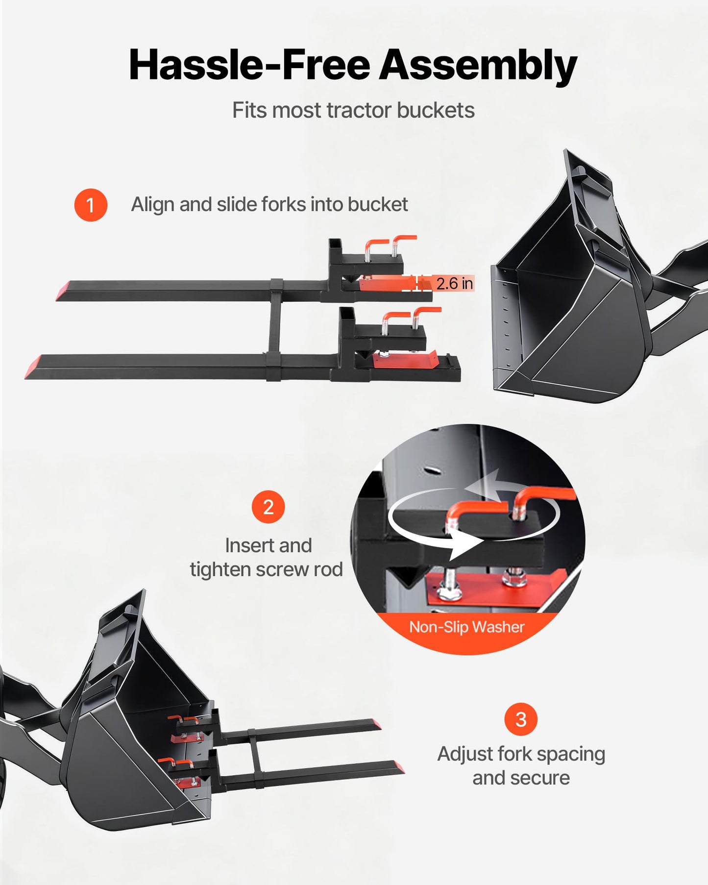 VEVOR Pallet Forks, 4000 lbs Clamp on Pallet Forks, 60-Inch Total Length Heavy-Duty Tractor Fork with Adjustable Stabilizer Bar for Tractor Attachments, Loader Bucket, and Skid Steer, Black