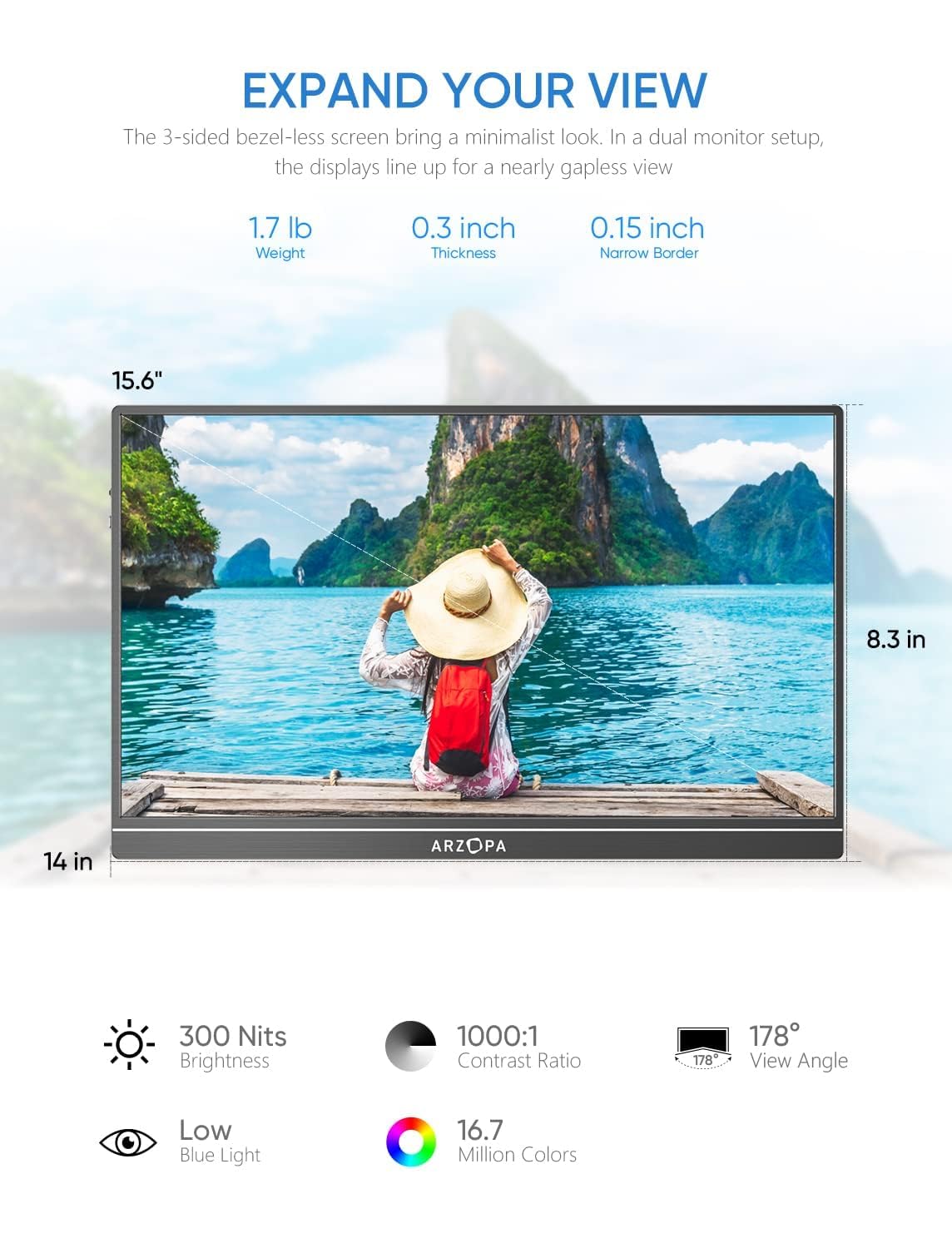 ARZOPA 17.3" Portable Monitor, 1080P FHD 103% sRGB IPS Gaming Monitor Laptop Monitor with Built-in Kickstand HDMI USB C External Screen for PC Mac Phone Xbox PS5 - A1M