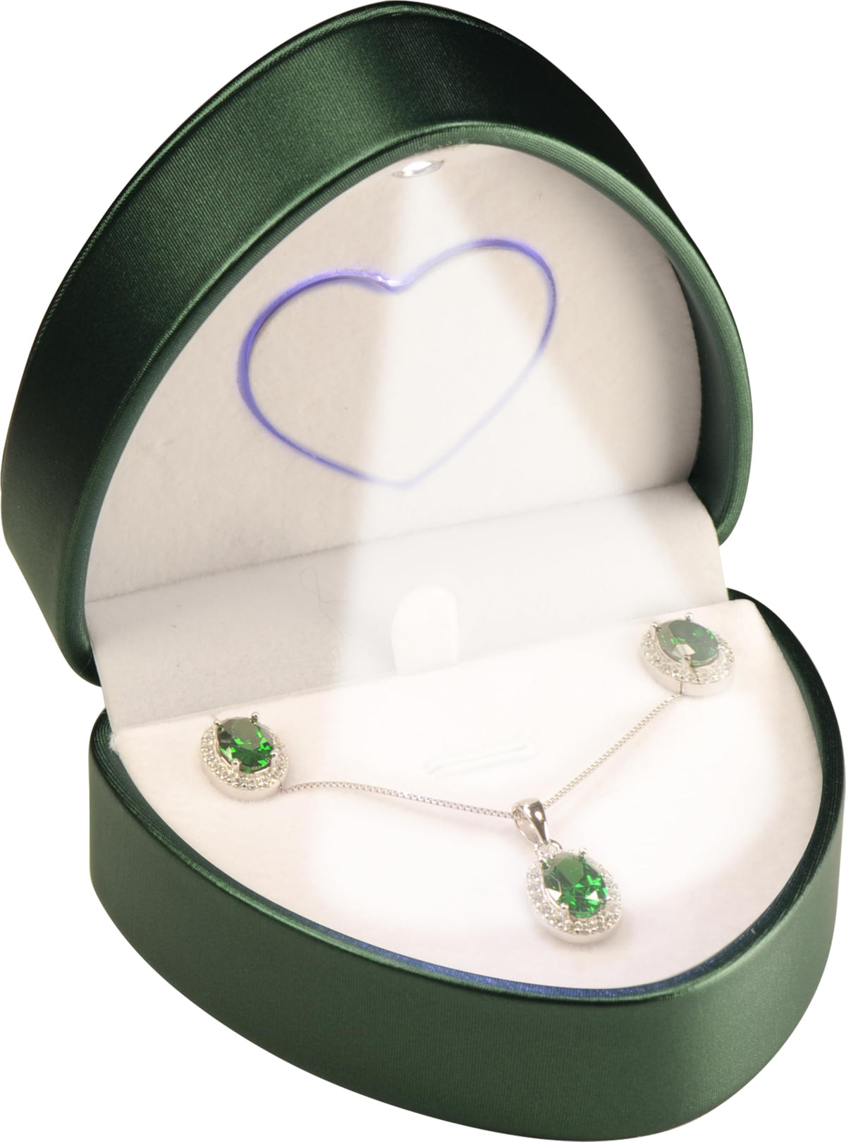 LED Necklace Earrings Box for Engagement, Wedding…Unique Designed Heart to Heart Idea PU Leather Heart Shaped Necklace Pendant Earring Jewelry Gift Holder Box with Light for Men for Women (Green)
