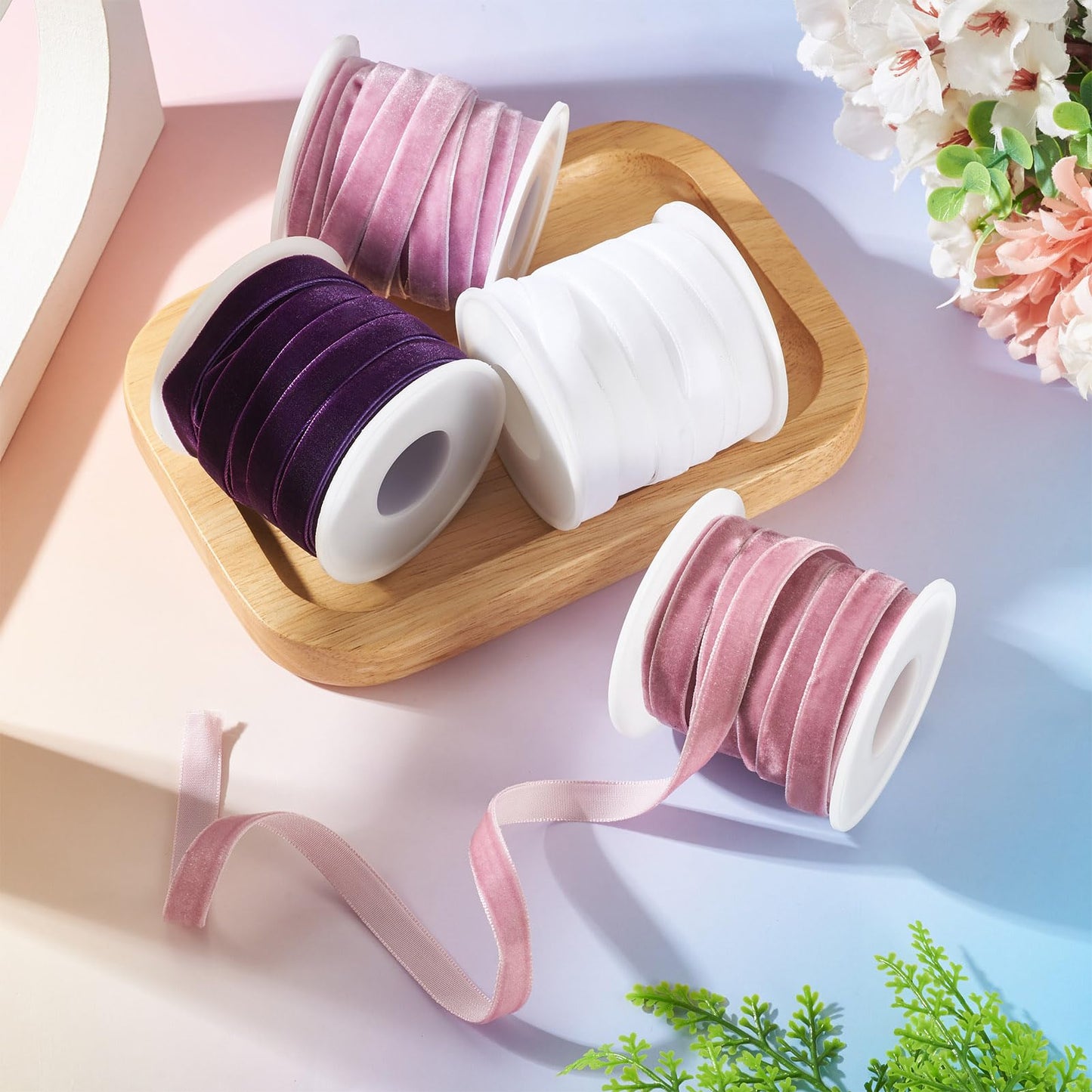 Craftora 40 Yards White Purple Velvet Ribbon 3/8 inch Single Face Velvet Ribbon with Spools for Christmas Ornaments Tree Home Decor Gift Wrapping DIY Crafts - Dark Purple