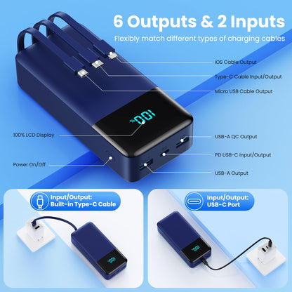 Portable Charger 50800mAh Power Bank with 3 Built in Cables,25W PD QC4.0 Fast Charging USB C Battery Pack,6 Outputs 2 Inputs Travel Essentials Portable Phone Charger for iPhone 17/16/15,Google,Android