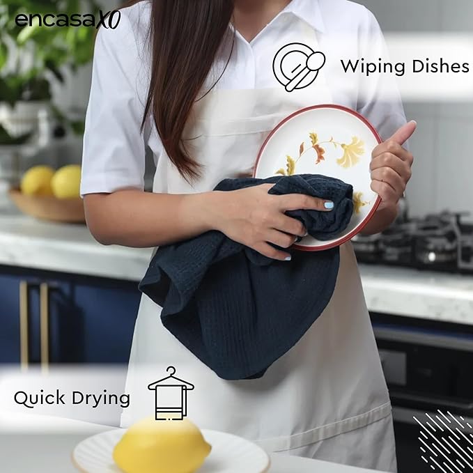 Encasa XO Kitchen Dish Towels Set | Navy Blue | Waffle Weave and Flat Hand Tea