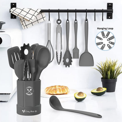 Silicone Kitchen Utensils Set, 16-Piece Silicone Cooking Utensils by Deedro, Heat Resistant Kitchen Tools Set with Holder, Nonstick Spatula Kitchen Gadgets for Cooking & Baking, Gray