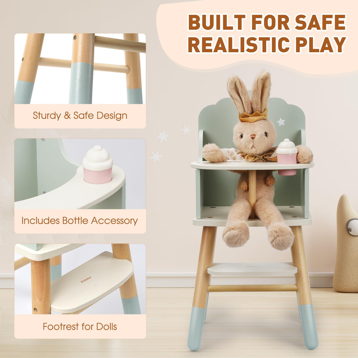 Pithfor Wooden Baby Doll High Chair, Baby Doll Furniture, Fits Up to 18 inch Dolls, 18 inch Doll Accessories - Green