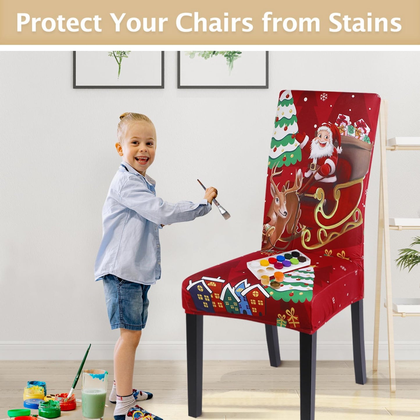 SearchI Christmas Chair Covers Set of 4, Stretch Xmas Kitchen Chair Cover Removable Washable Holiday Parsons Chair Slipcovers for Dining Room, Christmas Decoration, Ceremony(Santa Claus+Elk)