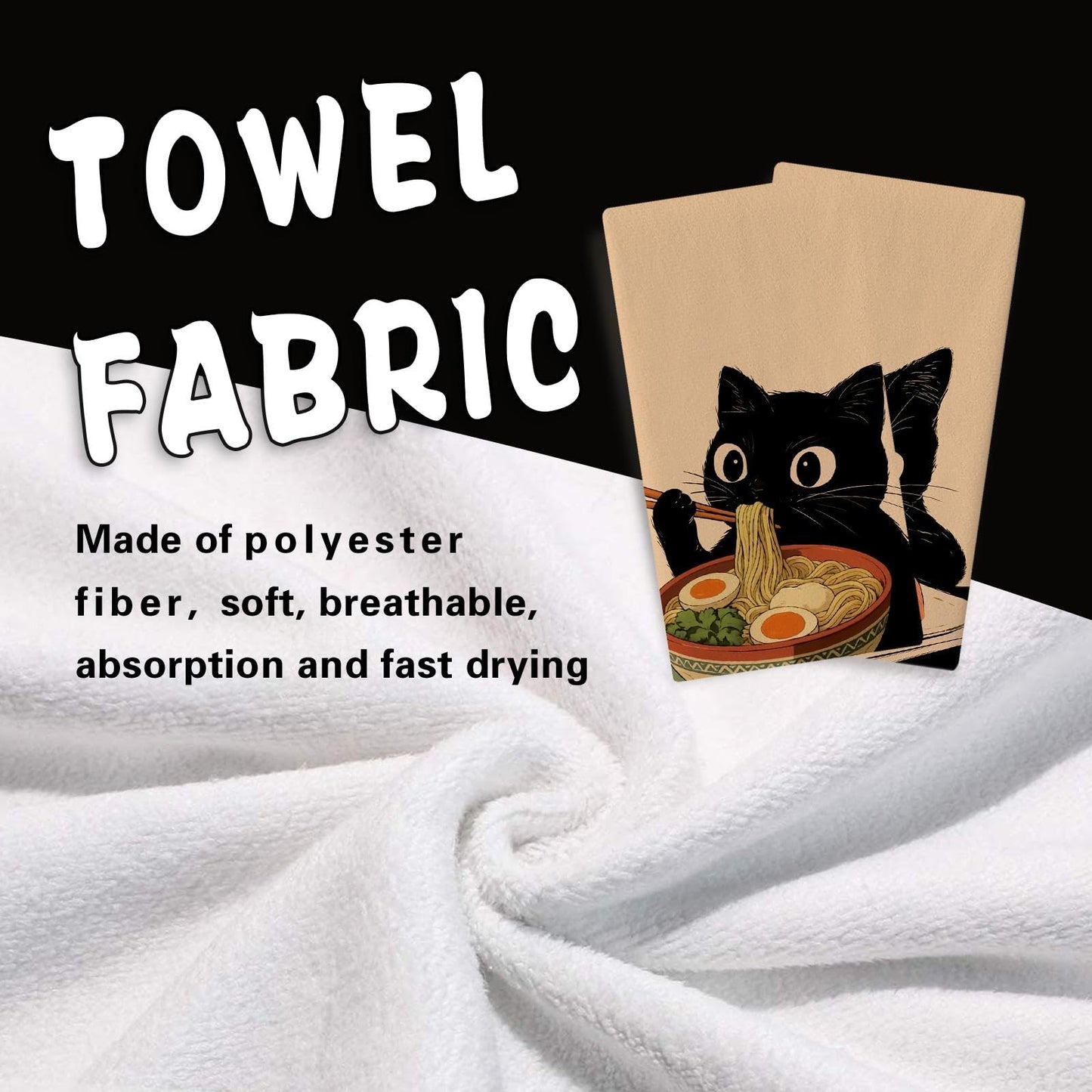 Croar Funny Black Cat Kitchen Dish Towels Set of 2, Japanese Food Sushi Ramen Noodles Drying Hand Towel Baking Cooking Cloth, Restaurant Dinning Room Home Decor Pet Cat Owner Lover Gifts 18'' x 26''