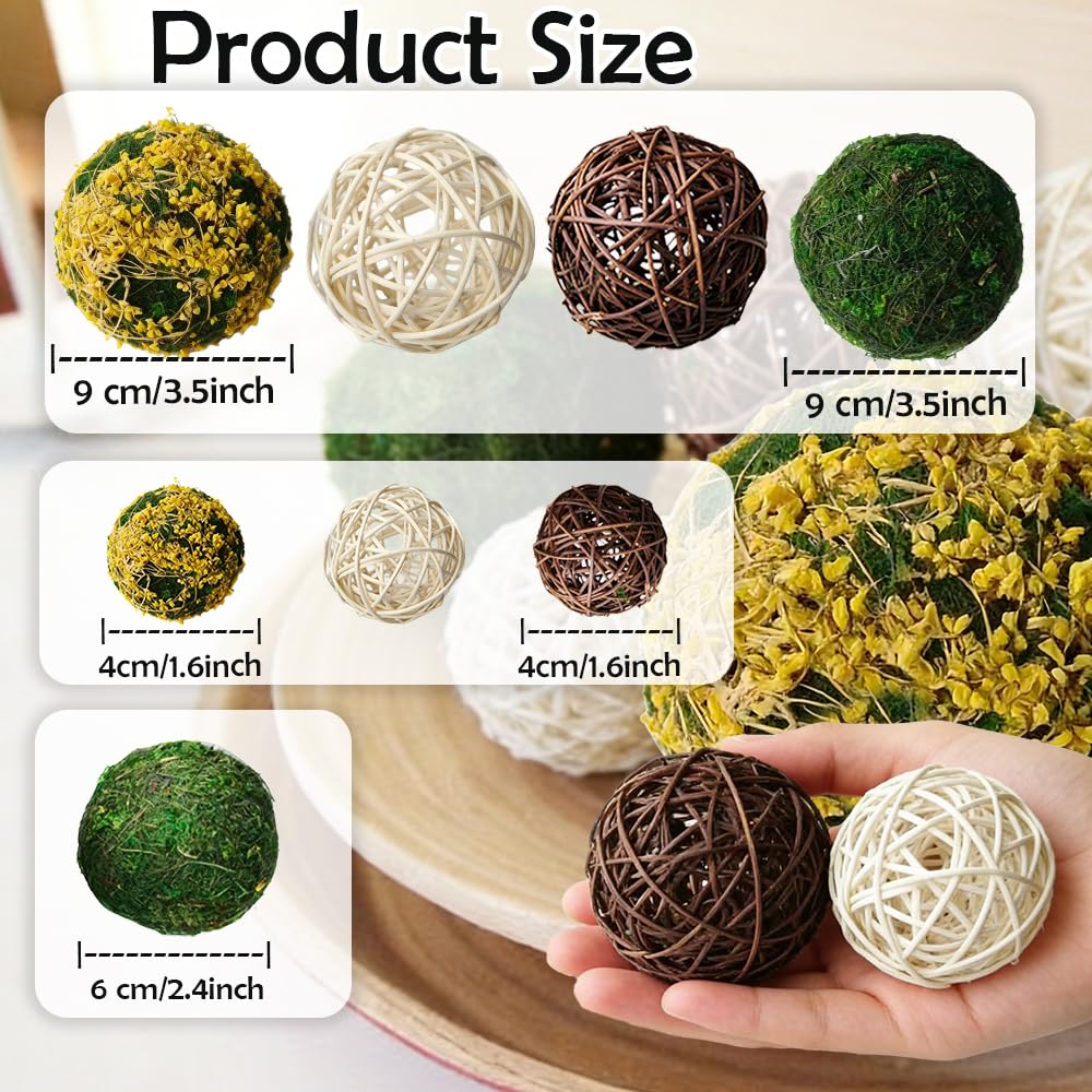Tinsow 18Pcs Decorative Balls for Bowls, Mixed Moss Balls, Rattan Wicker Orbs & Dried Floral Sphere Bowl Fillers Decor for Home Table Centerpiece Wedding
