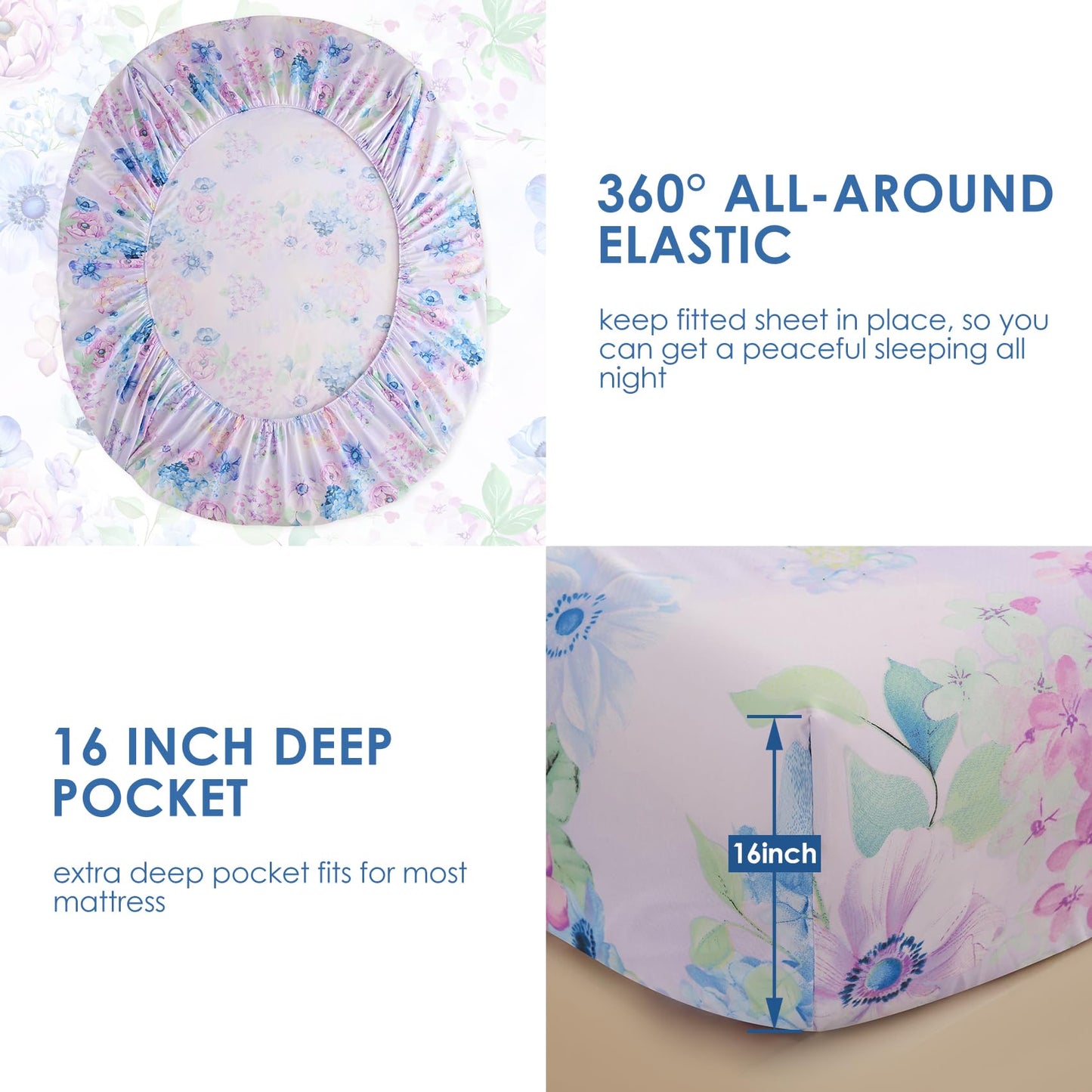 JSD Purple Hydrangea Floral Sheet Set King Size, 4 Piece Soft Spring Printed Microfiber Bed Sheets Deep Pocket