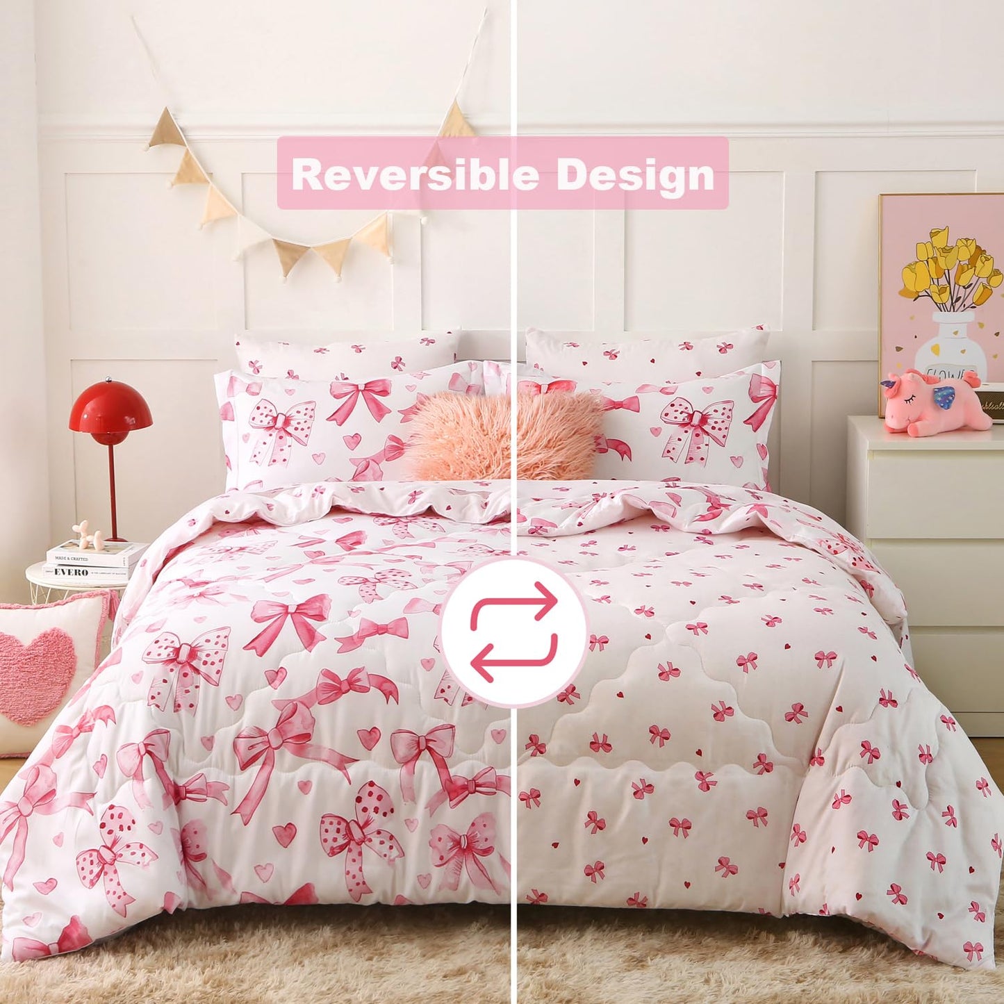 Gusuhome Girls Bow Comforter Bedding Set Twin Size 7 Piece Pink Reversible Bowknot Comforter Set Bed in A Bag for Kids Teens All Season (Comforter,Flat Sheet,Fitted Sheet and Pillow Sham)