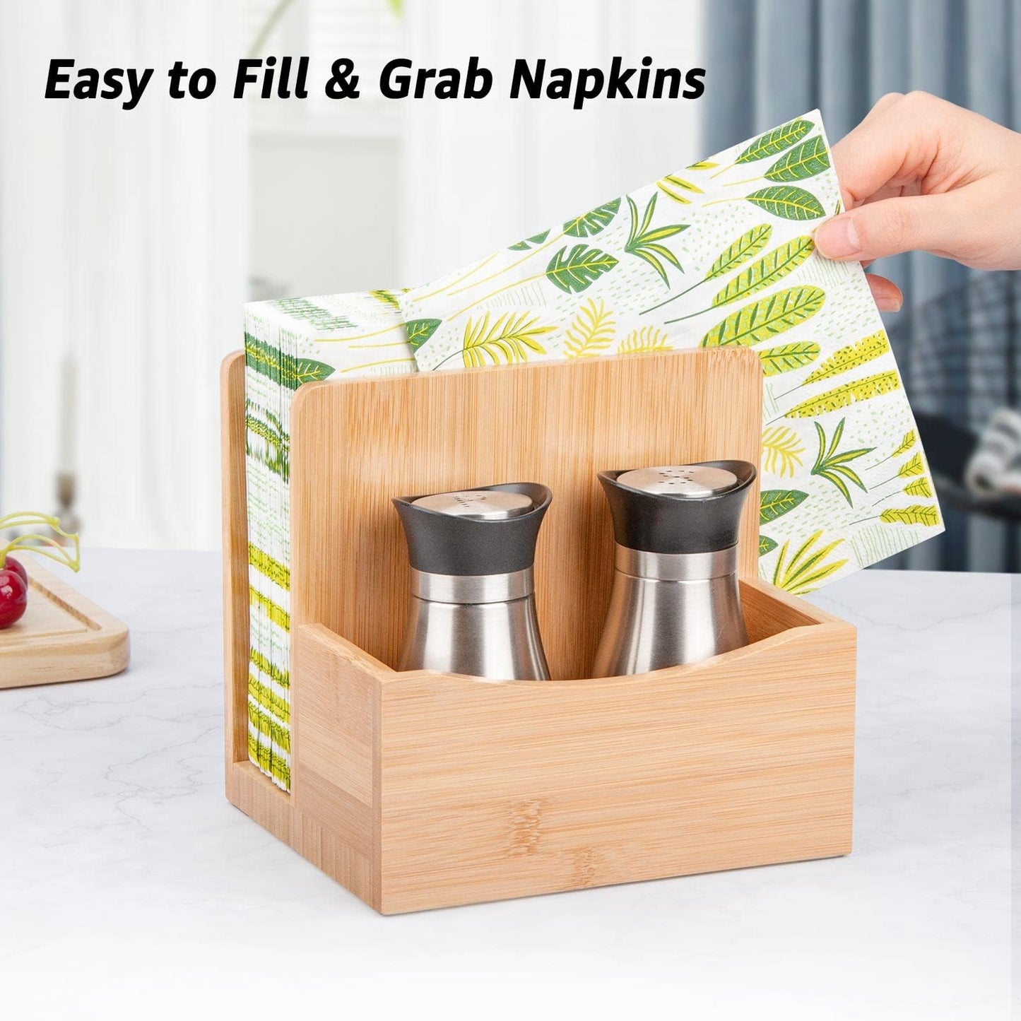 MOLEDINO Bamboo Salt Pepper Napkin Holder Set for Kitchen Dining Table, Natural Napkin Holder Stand with Salt Pepper Caddy Restaurant Lunch Organizer