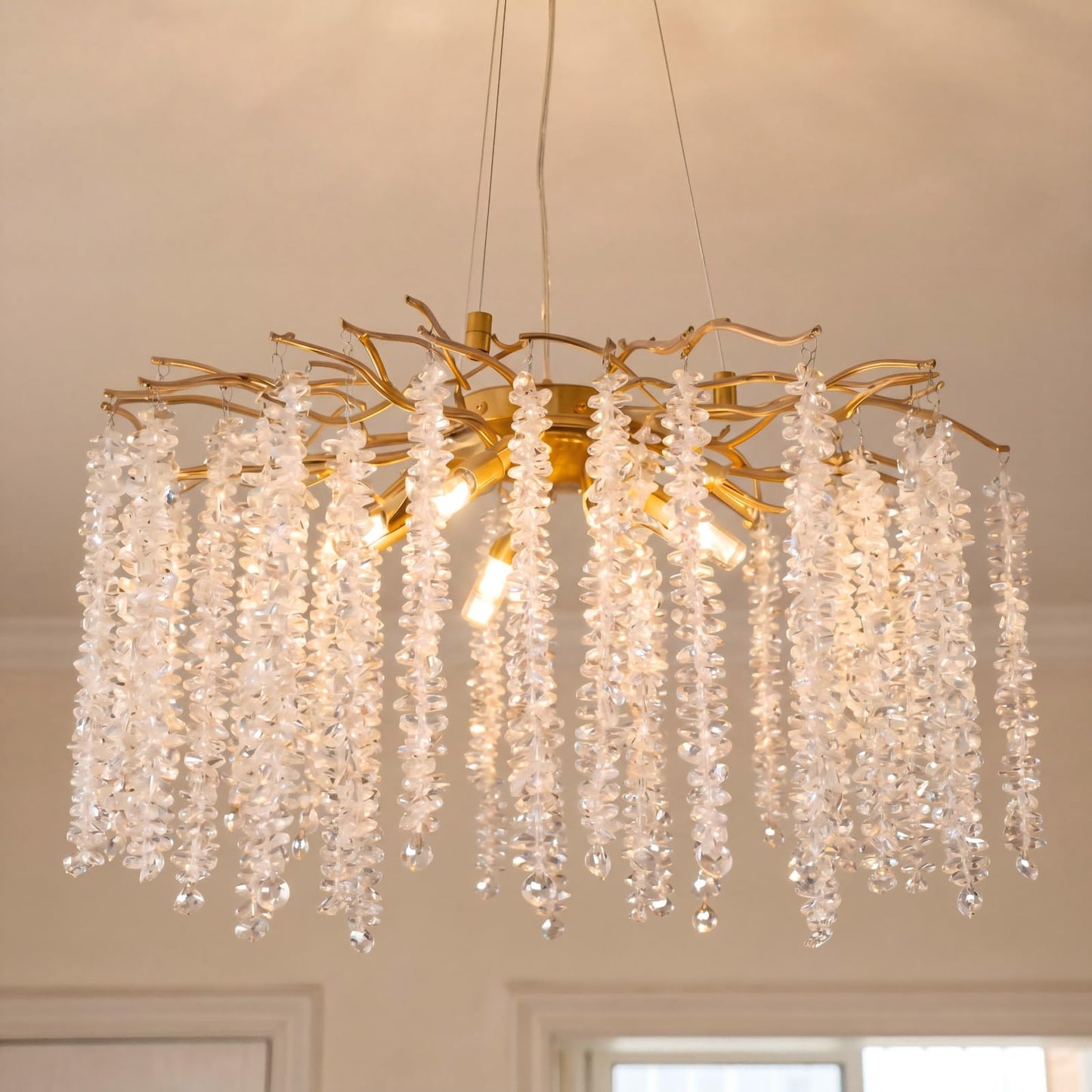 AKDXIRUN Gold Crystal Tree Branch Chandelier, 8-Light Modern Raindrop Pendant Light Fixture with Adjustable Chain & Dimmable, Luxury Unique Ceiling Light for Dining Room Living Room Bedroom, W24in