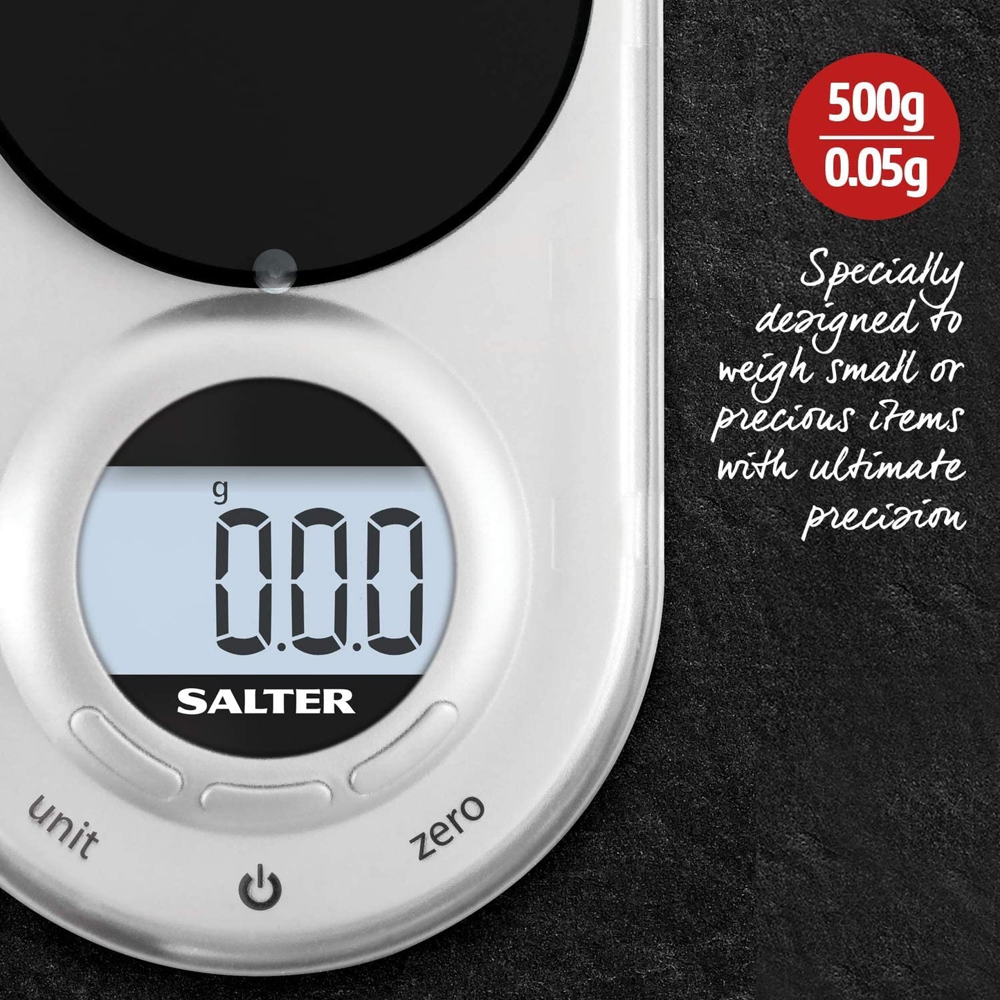 Salter 1260 SVDRA Precision Electronic Scale – Micro Pocket Digital Scales, 500g Capacity, In 0.05g Increments, Neat Storage, Large LCD Display, Compact, Discreet Design, For Jewellery, Spices, Coins