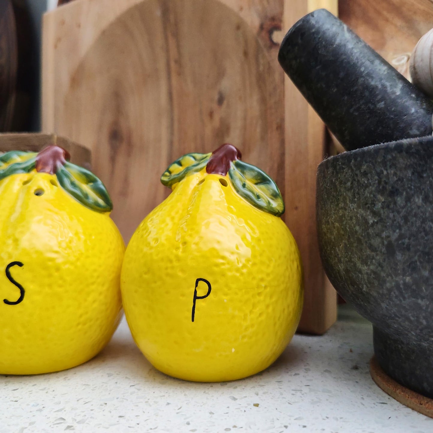 Whistywares Lemon Salt and Pepper Shakers Set - Colorful Ceramic Design - 200ml, 105g - Non-Fading, Dishwasher Safe, Easy Refill - Stable Base - Citrus Kitchen Essential, Home Decoration
