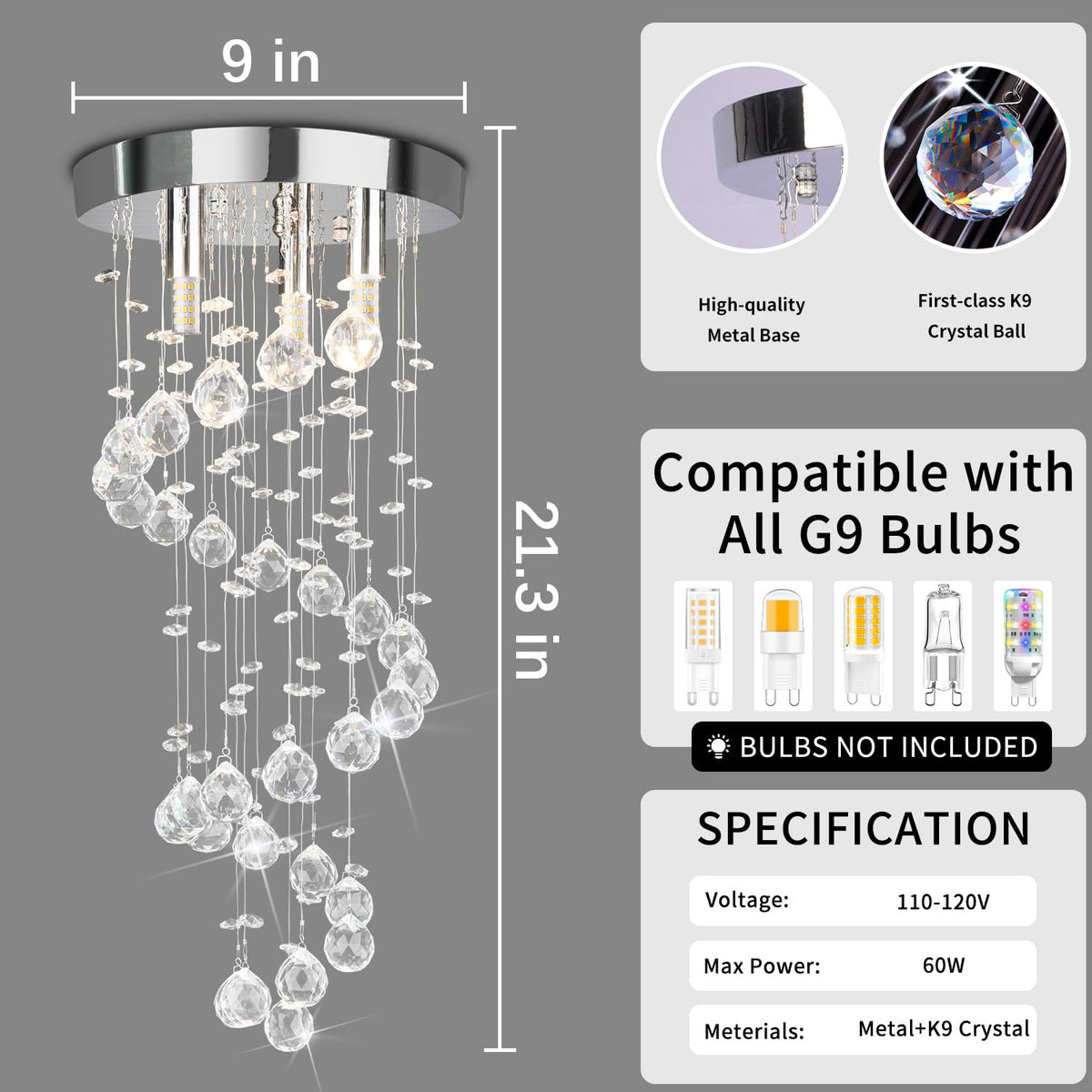 CRYSTOP 3-Lights Spairal Crystal Chandelier,Modern Raindrop Light Fixture Pendant Ceiling Mount Lamp Lighting Fixtures for LivingRoom, Bedroom, Bathroom D9“ X H21.3”