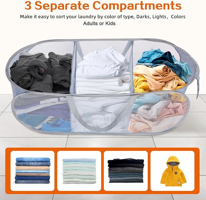 Durable Collapsible Foldable Pop Up Laundry Hamper, Sturdy 3 Compartments