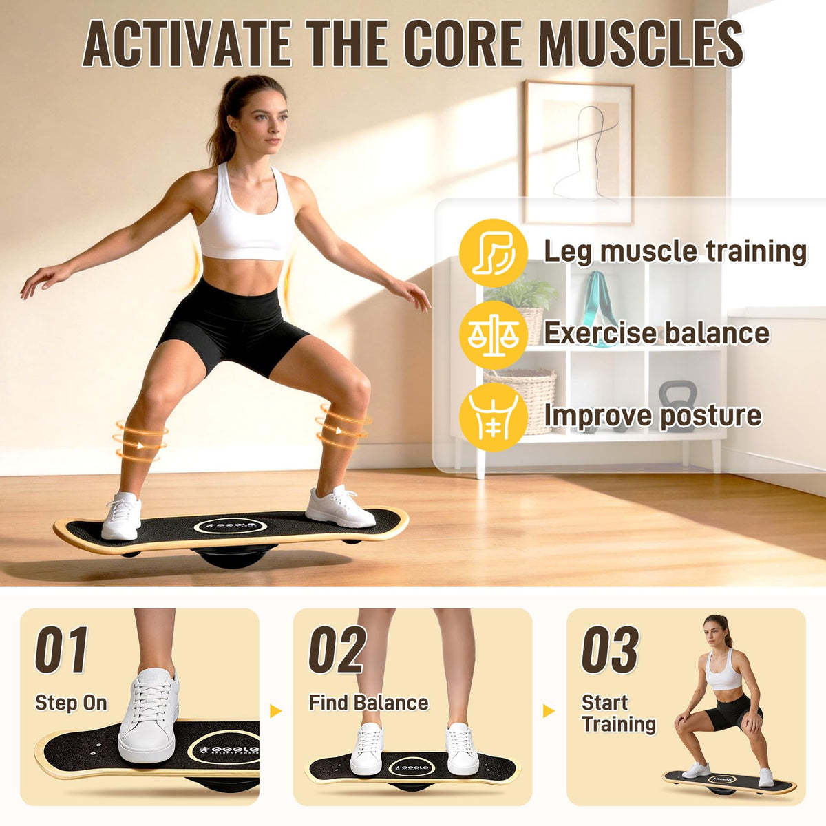 Balance Board with 360° Rotation, Solid Wobble Board for Adults & Kids, Balance Trainer for Strength Training, Surfing and Skiing, Anti-Slip Surface Whirl Board, Home, Office Exercise Wooden Board