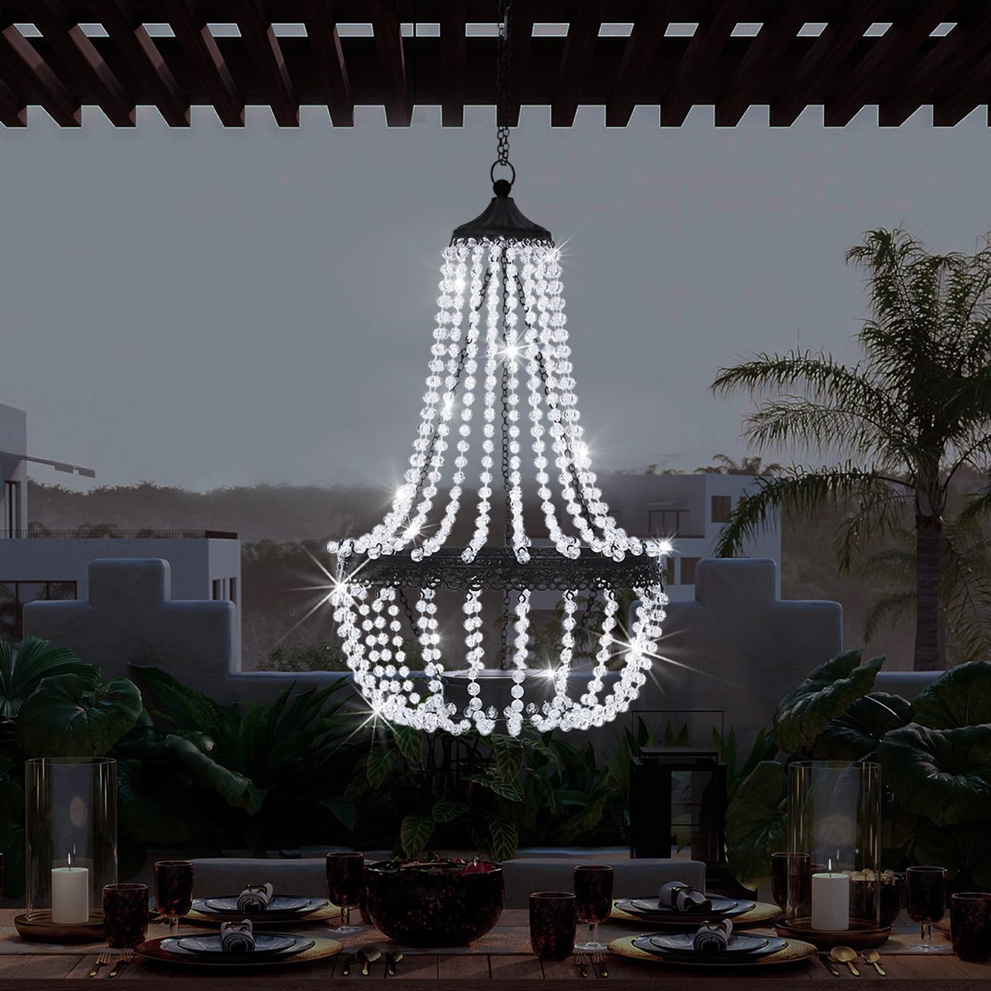Hanging Solar Lantern Outdoor, 28” Modern Clear Crystal Acrylic Chandelier with 30 Cool White Lights S Hook for Garden, Yard, Patio, Gazebo Decorations