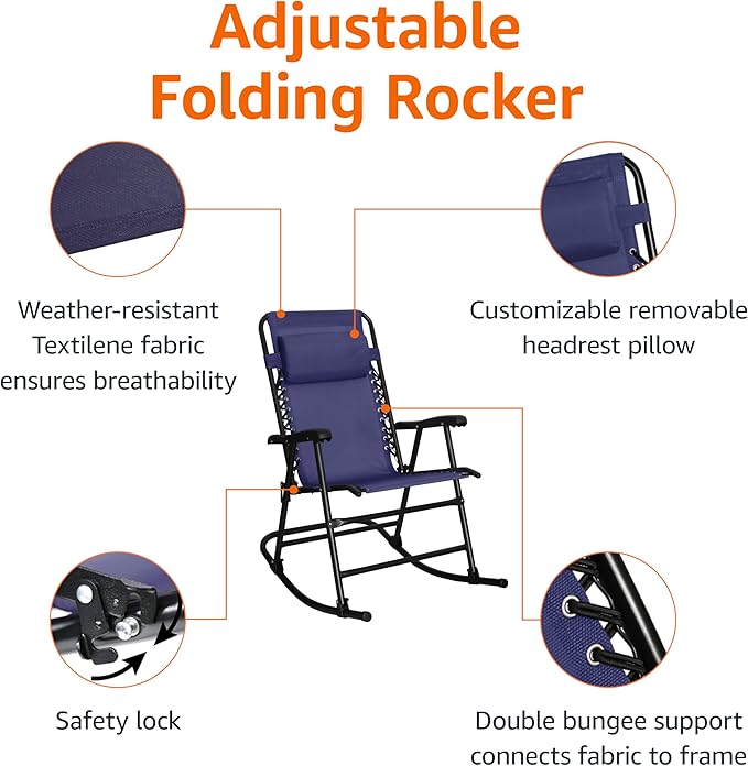 Amazon Basics Outdoor Portable Folding Rocking Chair with Headrest, Ergonomic Design, Weather-resistant Textilene Fabric for Porch, Blue