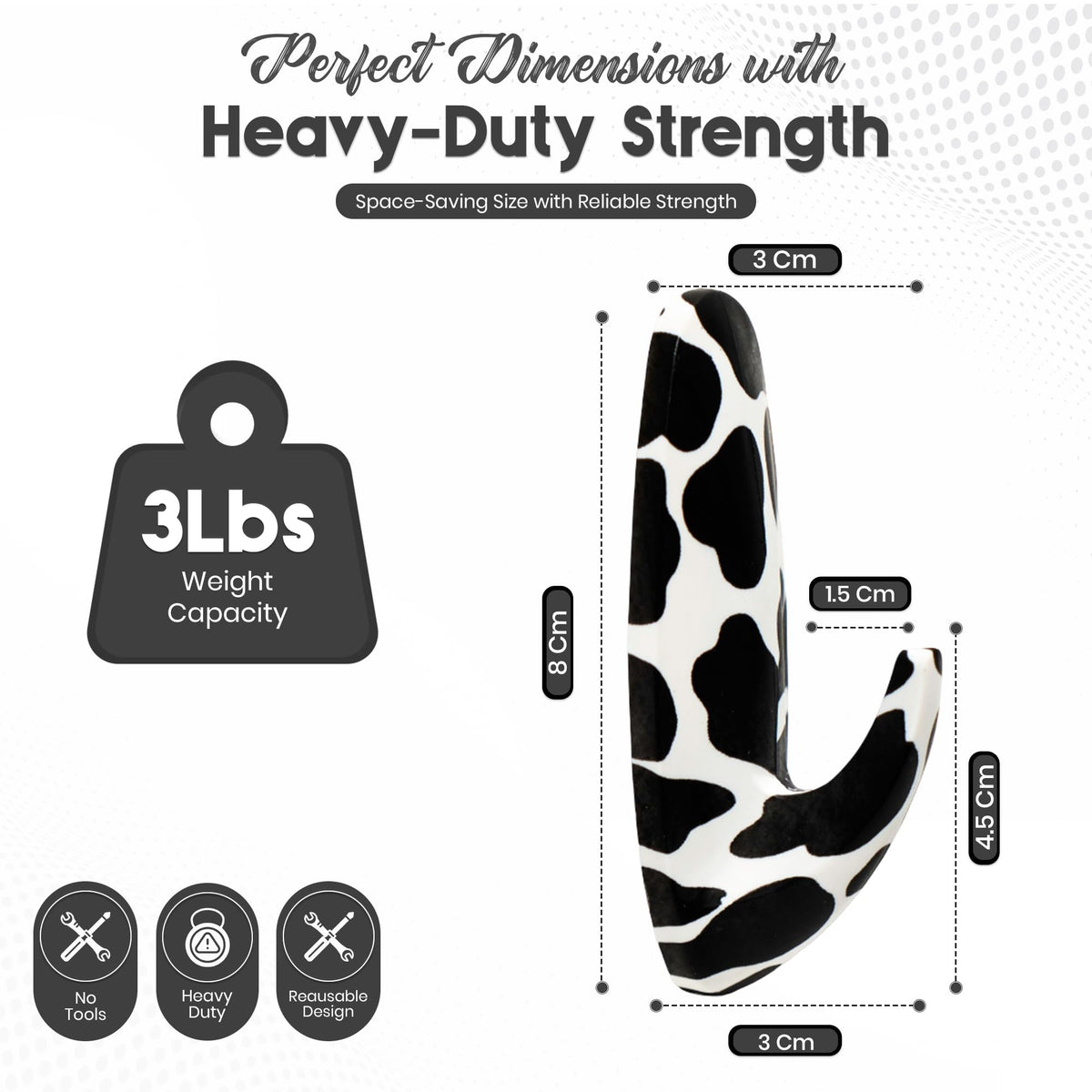 WallCandy Adhesive Stick-on wall Hanging Hook | Pack of 3 Self Adhesive Wall Hooks with Heavy Duty Sticky Strips that Hold Up to 3lbs, Easy to Install Hanging Hook, Bathroom & Kitchen (Cow Print)
