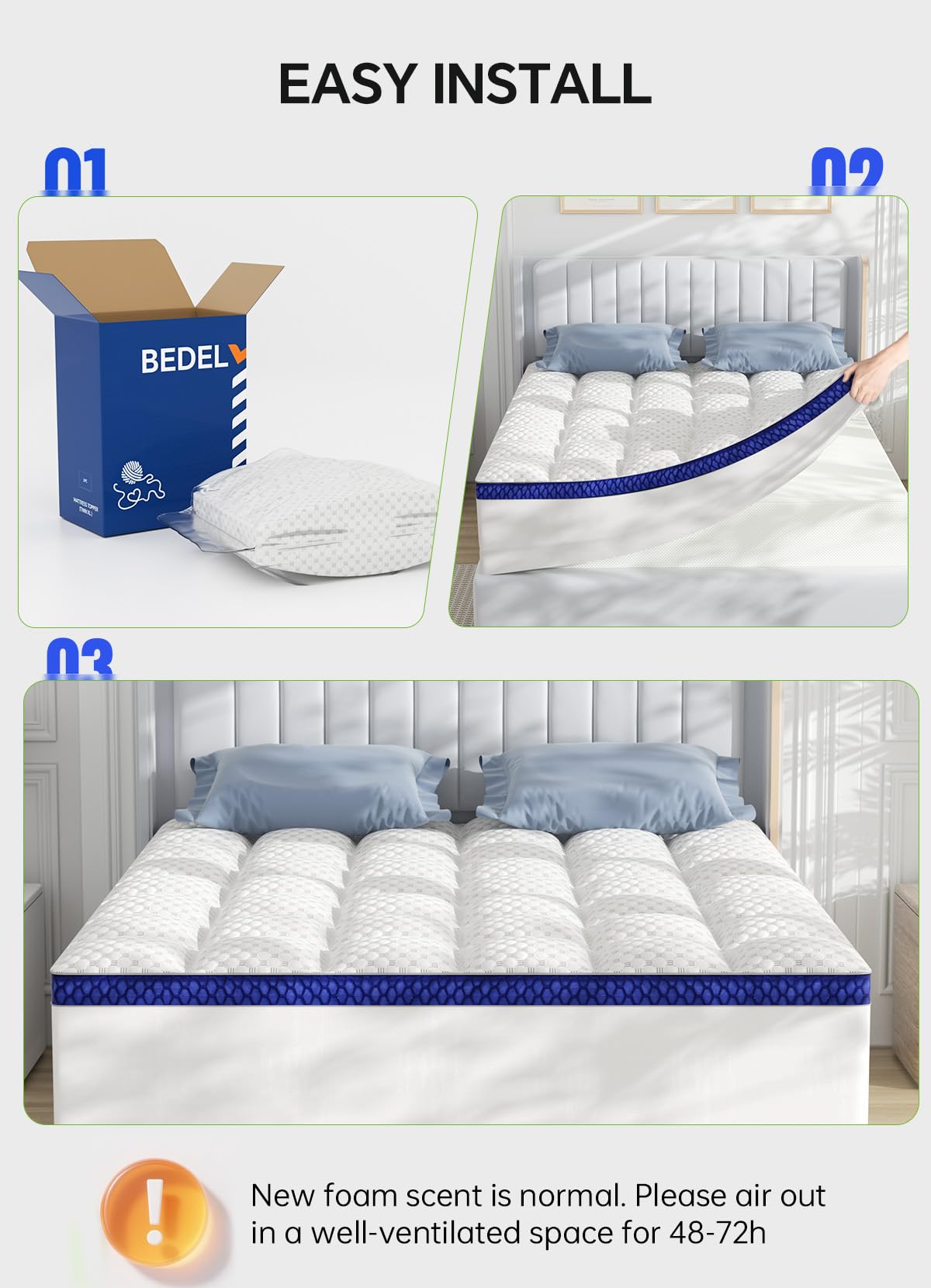 BEDELITE Queen Mattress Topper 3 Inch Thick Mattress Pad, Plush Pillow Top Bed Cover with Elastic Deep Pockets Up to 6-24 Inch for Pressure Relief, Shredded Memory Foam Filling