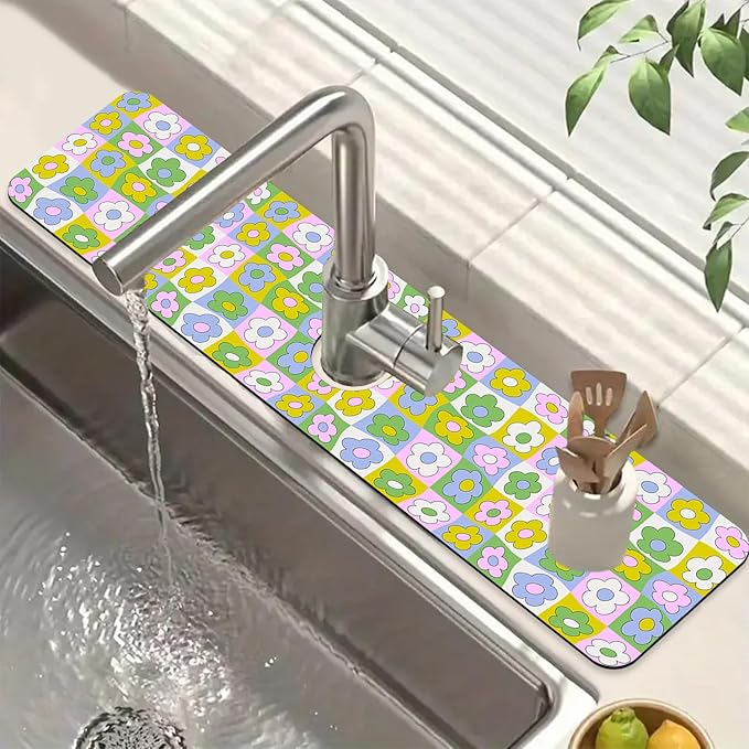 Cute Flowers Sink Splash Guard Retro Floral Faucet Absorbing Mat Fast Drying