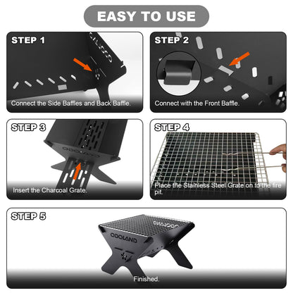 Odoland Camping Fire Pit, Portable Fire Pit for Camping, 2 in 1 Wood Burning Fire pit Grill with Detachable Cooking Grate for Outdoor BBQ, with Carry Bag