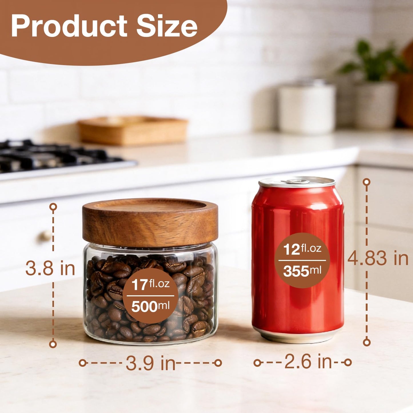 CONNOO 17oz Airtight Glass Spice Jars with Lids (6-Pack) – Thick, Durable Storage for Pantry, Coffee, Sugar & Meal Prep