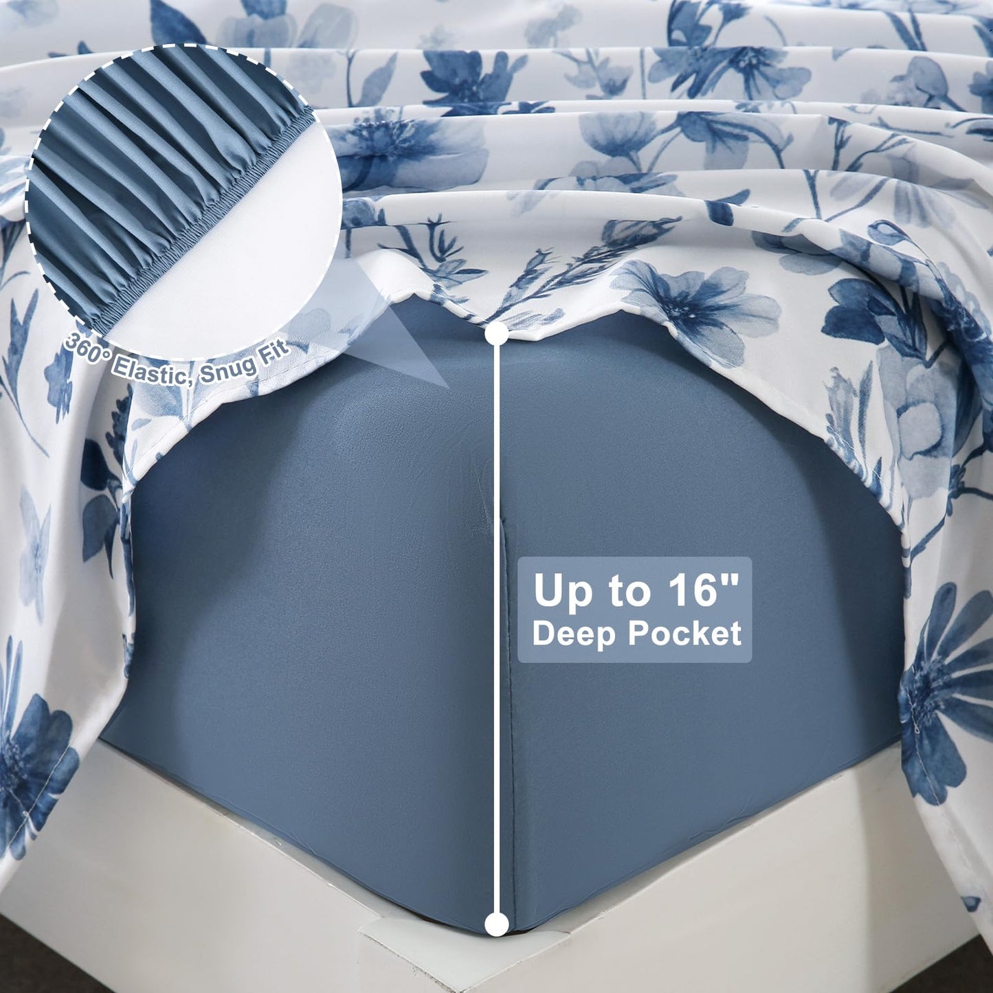 Botanical 6-Piece Queen Bed Sheets Set, Boho Floral Print Brushed Microfiber Sheets, Cooling Bed Sheet Set, Ultra Soft & Breathable, 16' Deep Pocket Fitted Sheet & Pillowcase Set, Grey Blue Floral