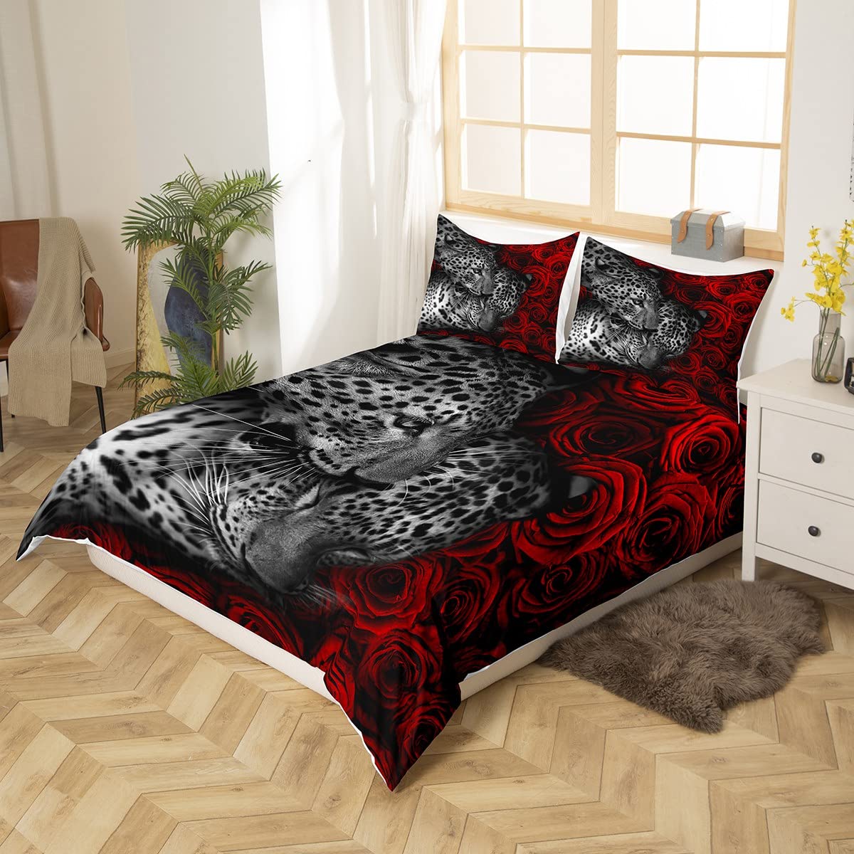 Red Rose Bedding Set Queen,Leopard Printed Comforter CoverGirls,Kids Wild Animals Duvet Cover Set Romantic Flowers Bedspread Cover Fashion Teens Bedroom Decor 3 Pcs Bed Collection(No Comforter)