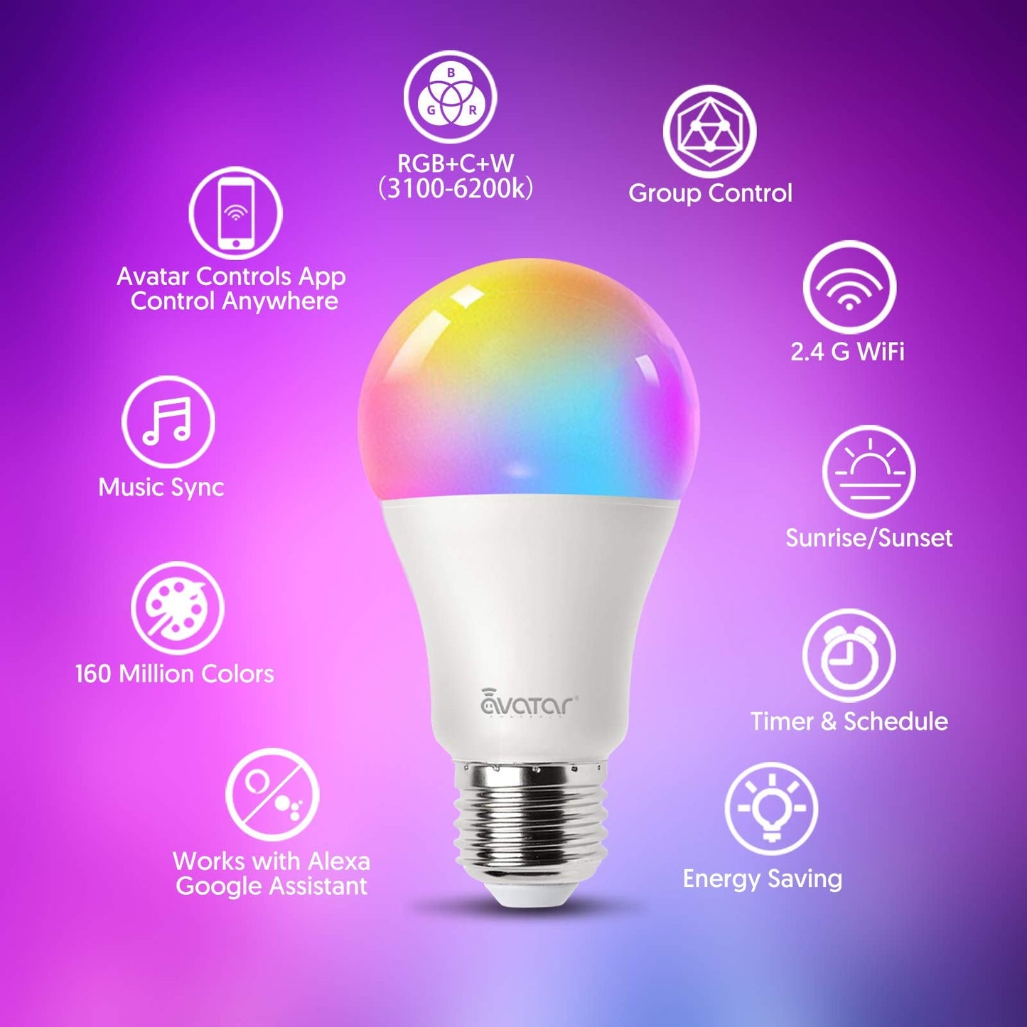 Avatar Controls WiFi Smart Bulb E27 Screw, Music Sync Alexa LED Light Bulbs Colour Changing Dimmable Works with Alexa/Google Home, 9W RGB+Warm+Cool White 900LM, No Hub Required(2 Pack)