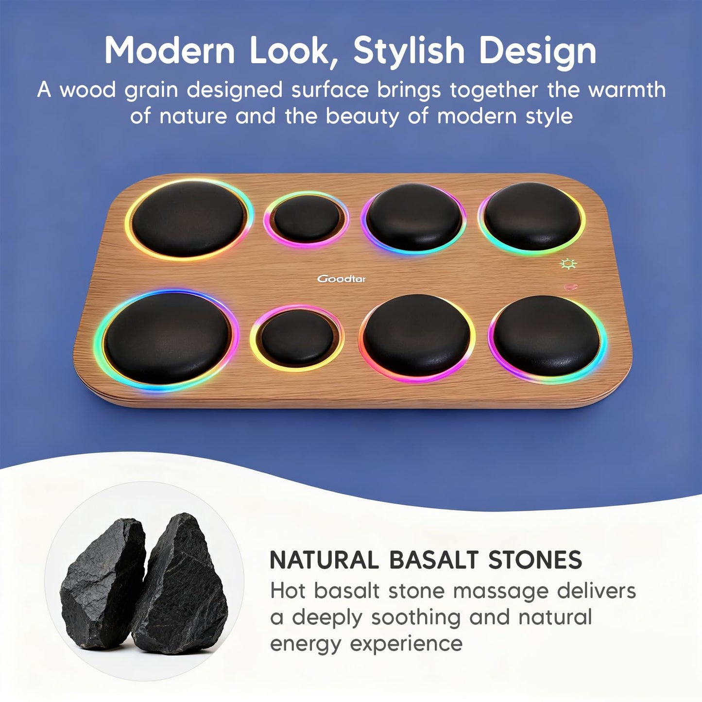 Goodtar 8PCS Hot Stone Massage Set with Warmer –Basalt Stones Massager for Deep Tissue Pain Relief & Muscle Relaxation, Home Spa Kit with Soothing Ambient Light – Valentine's Day & Birthday Gift