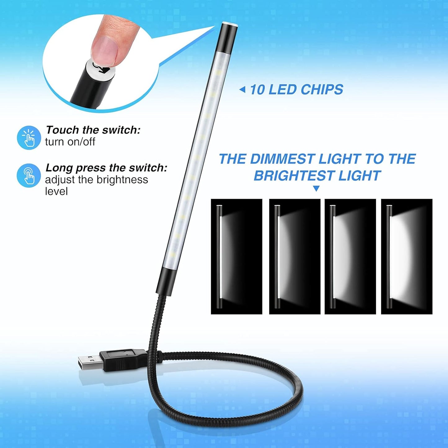 Mudder 2 Pieces USB LED Light for Laptop Keyboard Light Gooseneck Computer Lamp Flexible Stick Dimmable LED Lamp Touch Switch for Reading Book(Black, Blue)