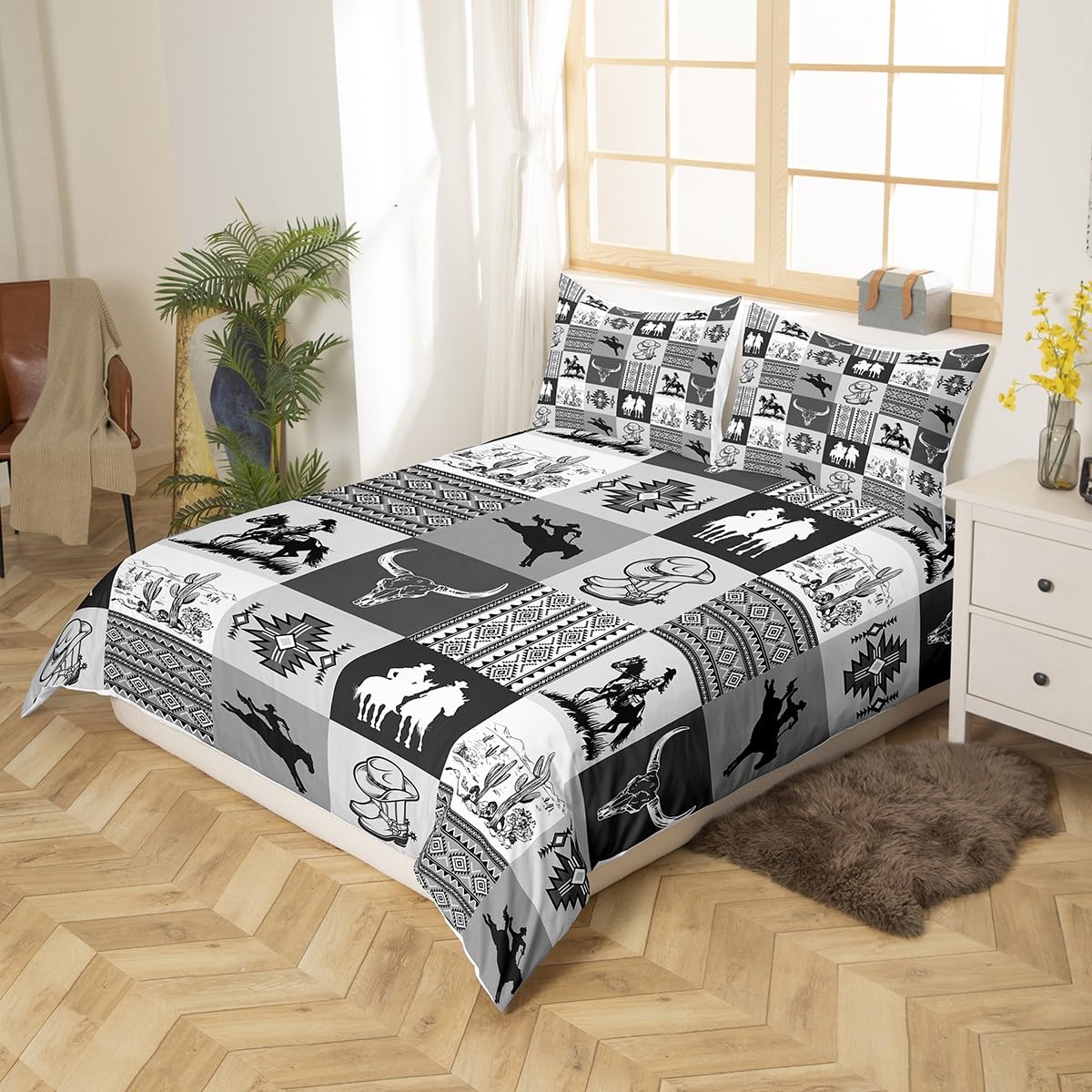 Southwestern Bedding Sets,Cowboy Duvet Cover Set 3Pcs for Boys Girls Adult Room Decor,Aztec Boho Tribal Striped Comforter Cover Bull Skull Cowboy Boots Print Black Grey Grid Quilt Cover King Size