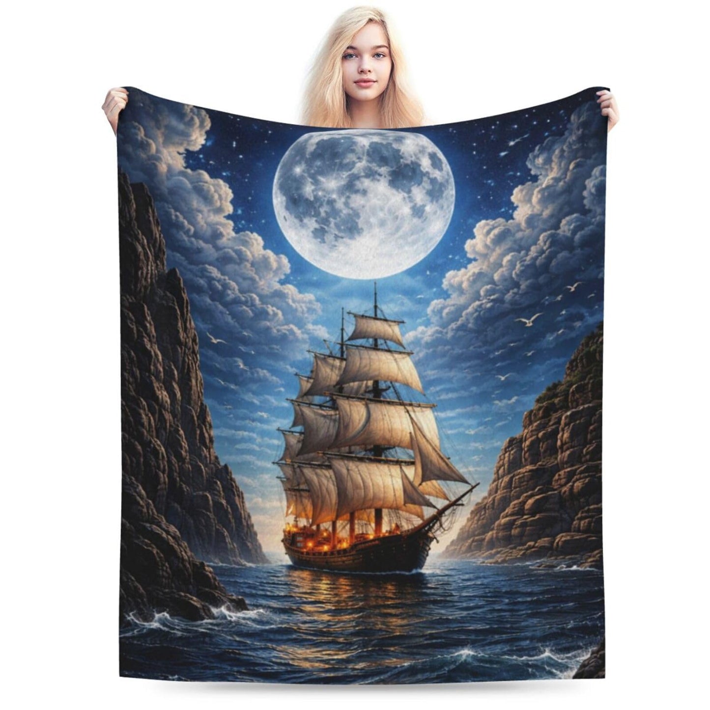 Qycazzw Moolit Sailing Ship Blanket Gifts for Women Kids, Ocean Lovers Flannel Blankets, Warm Cozy Soft Throw for Bedroom, Camping, Couch, Decor 50x60 in