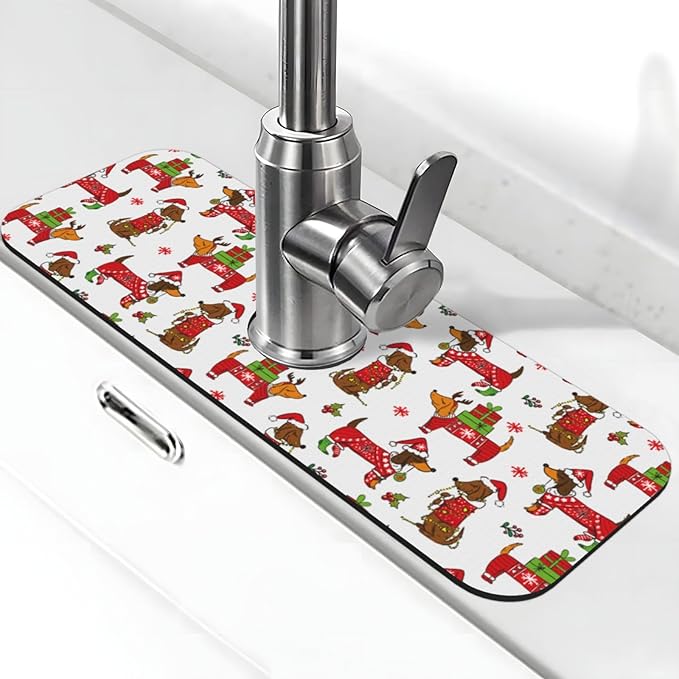 Christmas Dachshund Dog Happy New Kitchen Sink Splash Guard Faucet Mat 1 Pcs