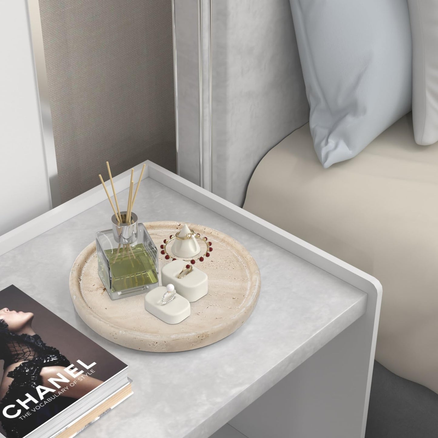 XINFUHUA Travertine Tray, Small Ceramic Vanity Tray for Bathroom Counter Decor, Round Marble Decorative Trays for Coffee Table (Beige, Medium Size)