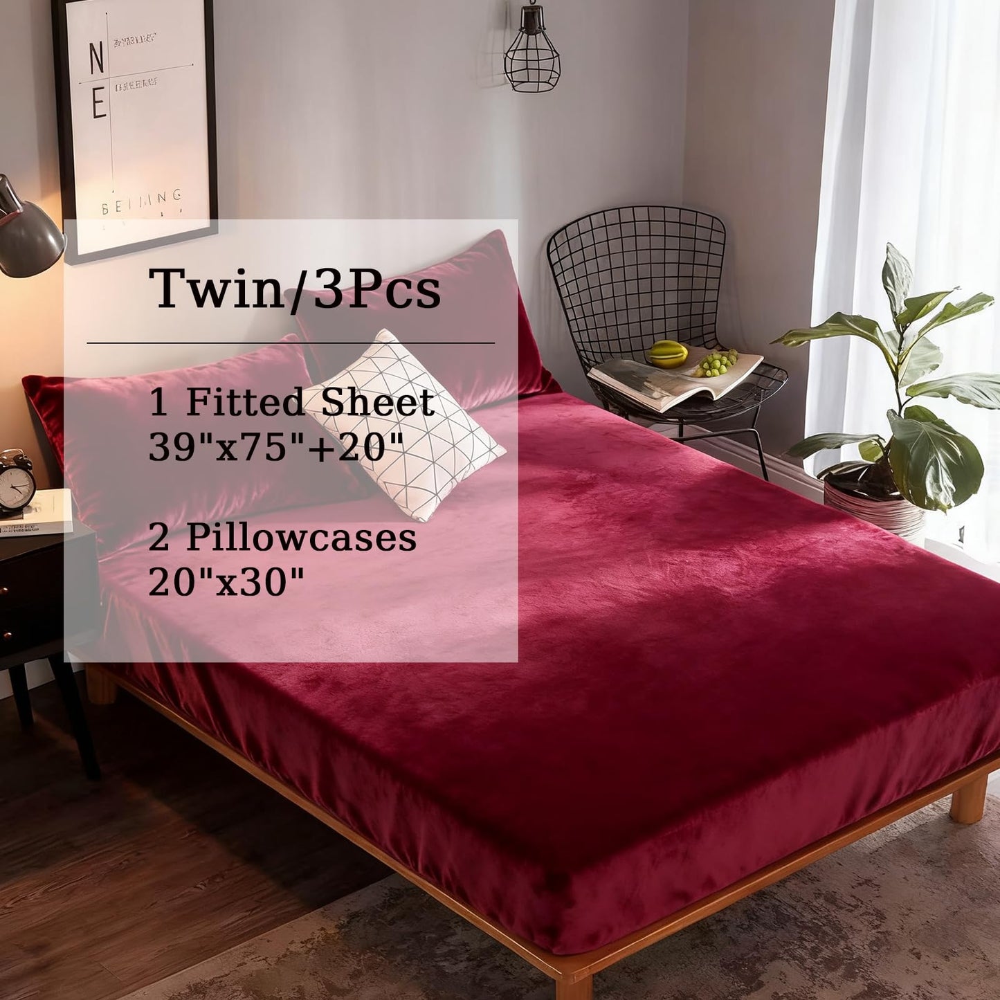 MorroMorn Luxury Plush Fleece Fitted Sheet Sets with 20" Deep Pocket for Thick Mattresses 360° Snug Fit Non-Slip, Ultra Soft 3-Piece Bedding Set Cozy Warm for Cold Sleepers (Red, Twin)
