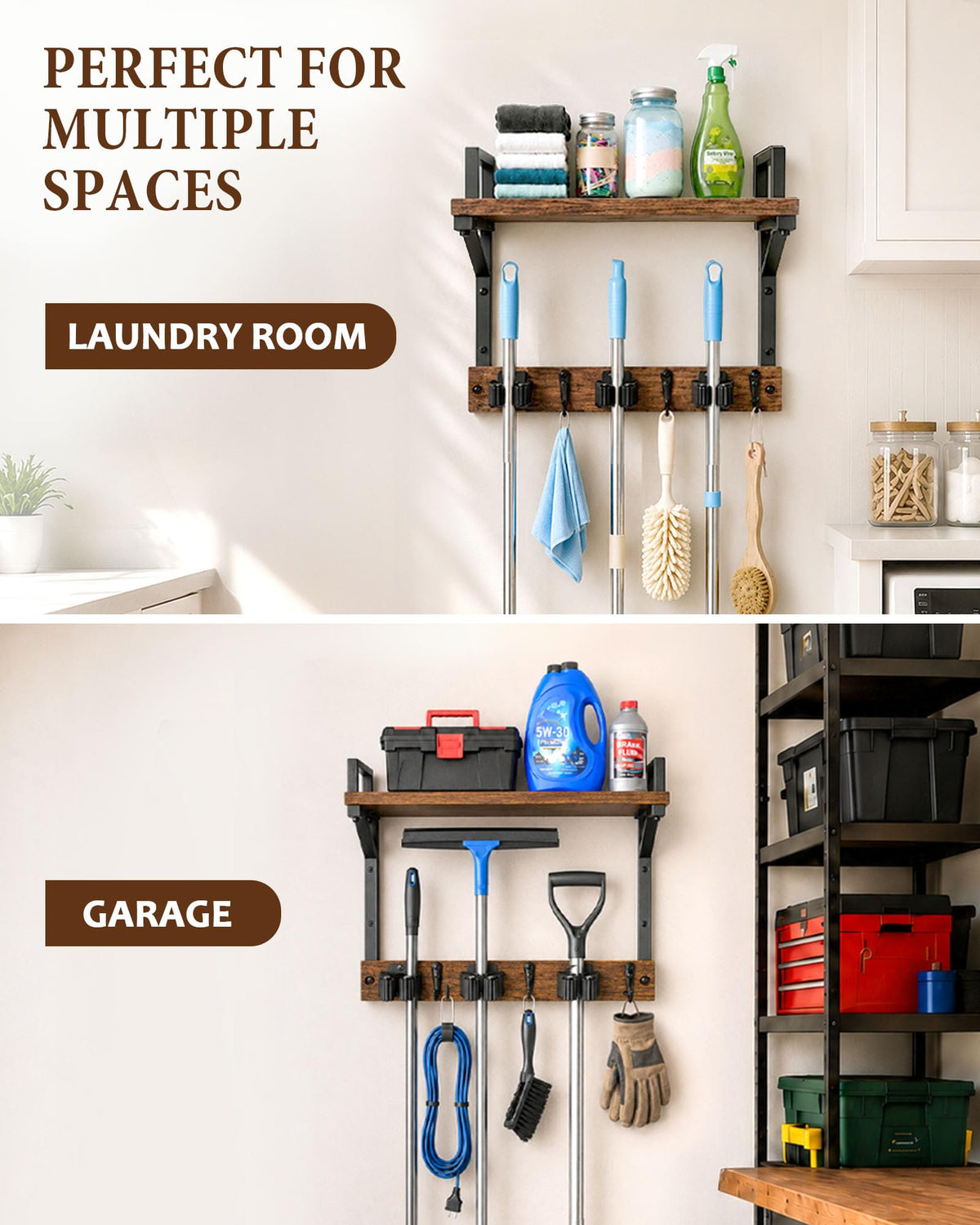 Lorbro Broom Holder Wall Mount with Cleaning Supplies Storage, Heavy Duty Broom and Mop Organizer Wall Hanging, Wooden Mop Organizer Hanger, 3 in 1 Storage Shelves for Laundry Room, Garage, Closet
