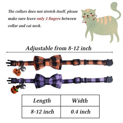 STMK 2 Pack Halloween Plaid Cat Collars with Bow Tie Bell, Breakaway Adjustable Pumpkin Cat Kitten Collars with Bowtie Bell for Halloween Cats Kittens Costume Decorations