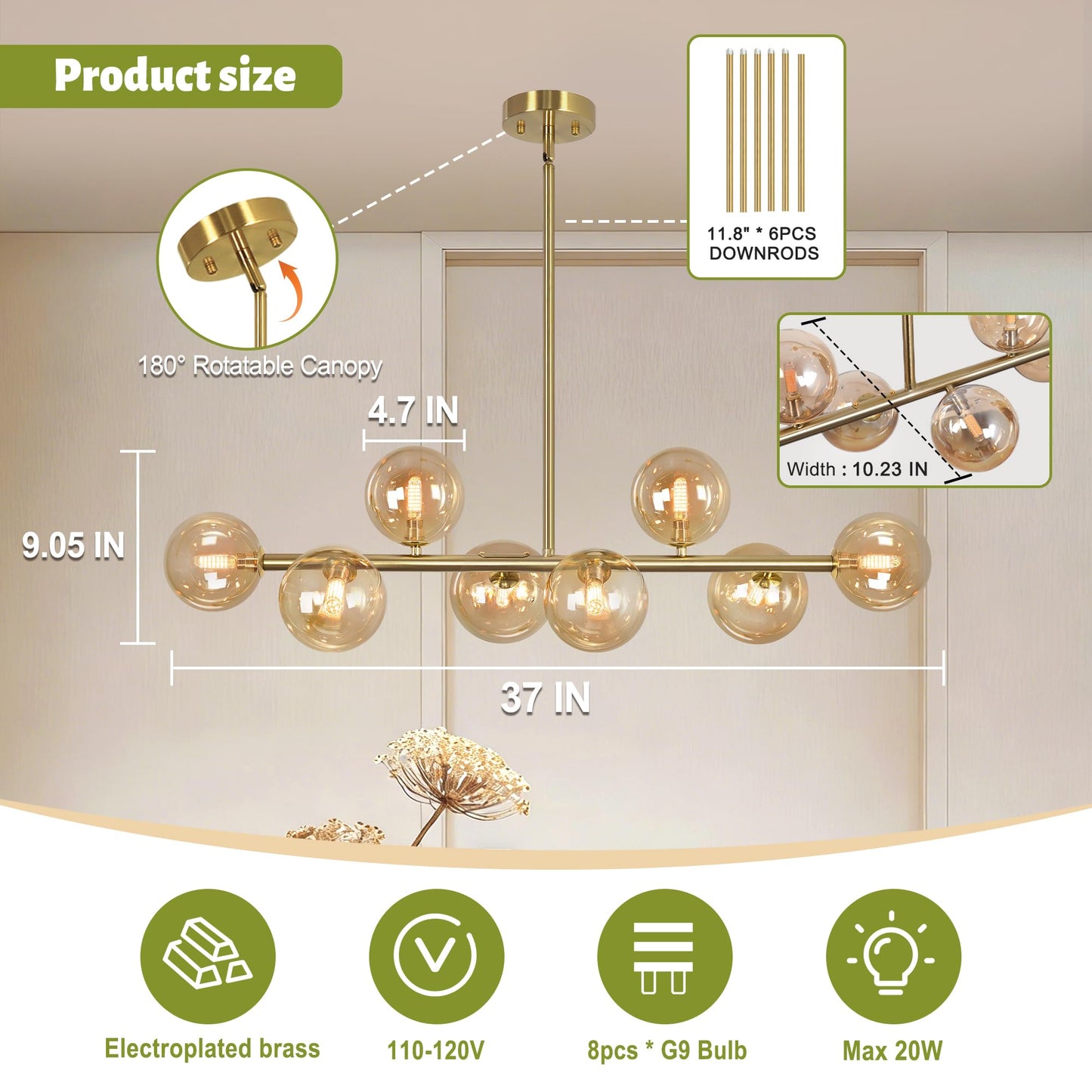 Gold Linear Chandelier,8-Light Bubble Amber Glass Globe Chandelier Mid Century Modern Sputnik Chandeliers for Dining Room Light Fixture Electroplated Brass Chandelier 37" Pendant Lights Kitchen Island