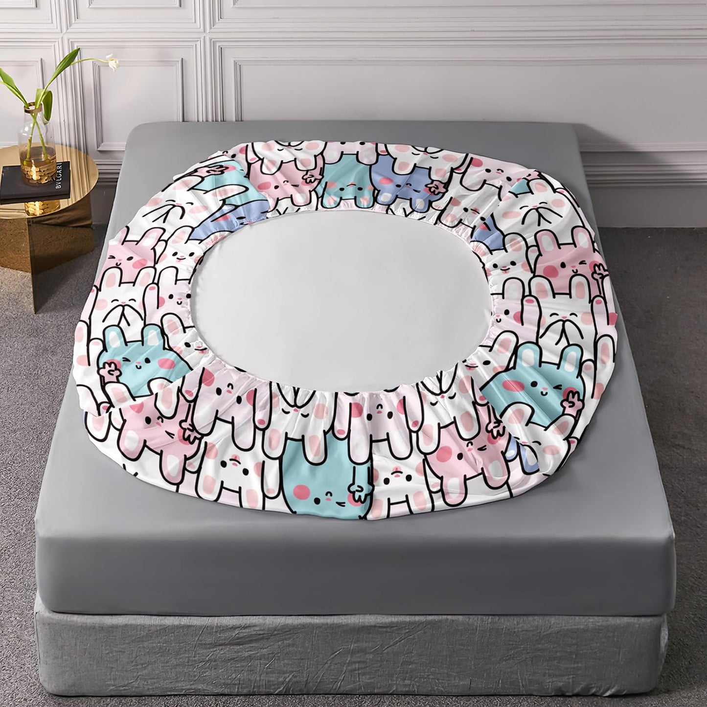 AILONEN Rabbit Fitted Sheet Set, Girls Twin Kawaii Bed Sheet Set,Cute Rabbit Bed Sheet Set,Cartoon Bunny Kids Sheet Set 3 Pieces, 1 Fitted Sheet and 2 Pillowcases