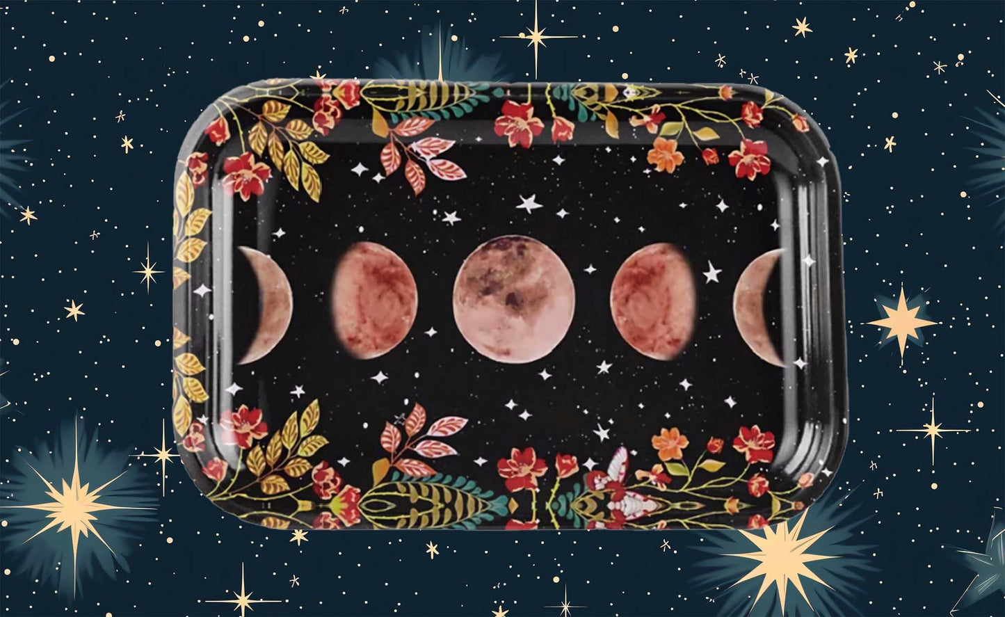 Moon Phase Rolling Tray for Women - Cute Celestial Large 11" X 7" Spiritual Astrology Tobacco Smoking Accessories for Girls Gift - Vanity Stone Crystal Holder - Witch Spiritual Decor for Teens