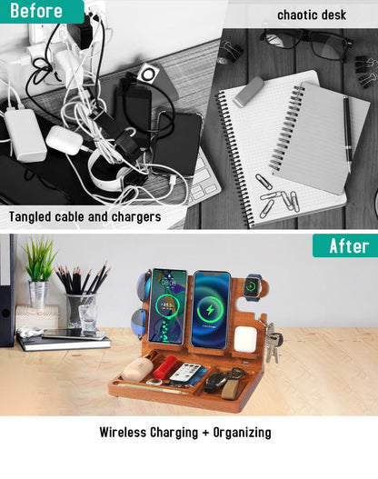 JuncaiTech Nightstand Organizer with 4 Wireless Charger for 2 iPhone/Android Phone,Apple Watch,Airpod,Wood Phone Docking Station,27W Fast Wireless Charging Station,Wallet/Key Holder,Gifts for Dad/Men