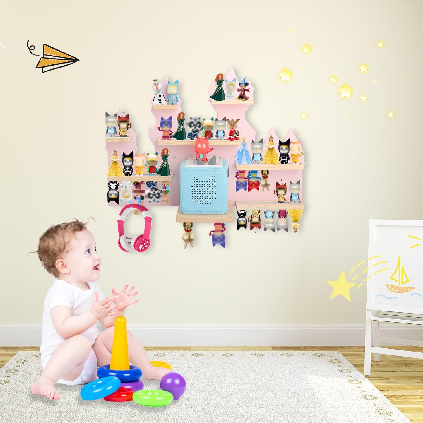 for Toniebox 2 and Toniebox 1 Tonie Shelf Wall Mounted Set,Tonies Figures Tonies Storage,Magnetic Wooden Floating Shelves Compatible with Tonie box Player Character for Children Room (pink-castles)