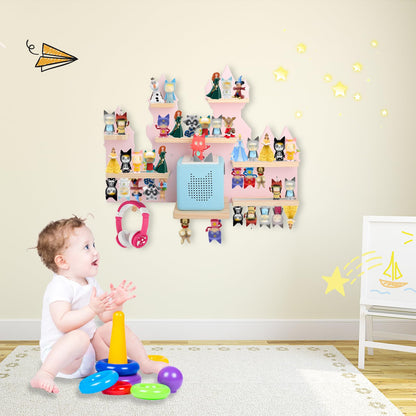 for Toniebox 2 and Toniebox 1 Tonie Shelf Wall Mounted Set,Tonies Figures Tonies Storage,Magnetic Wooden Floating Shelves Compatible with Tonie box Player Character for Children Room (pink-castles)