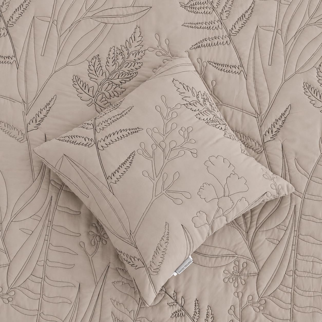 DaisyHuang Botanical Oversized Bedspread King Size - Leaves Pattern Stitching Quilt Set - Elegant & Fresh Style Bedding Coverlets, Reversible, Lightweight, 5 Piece, Taupe